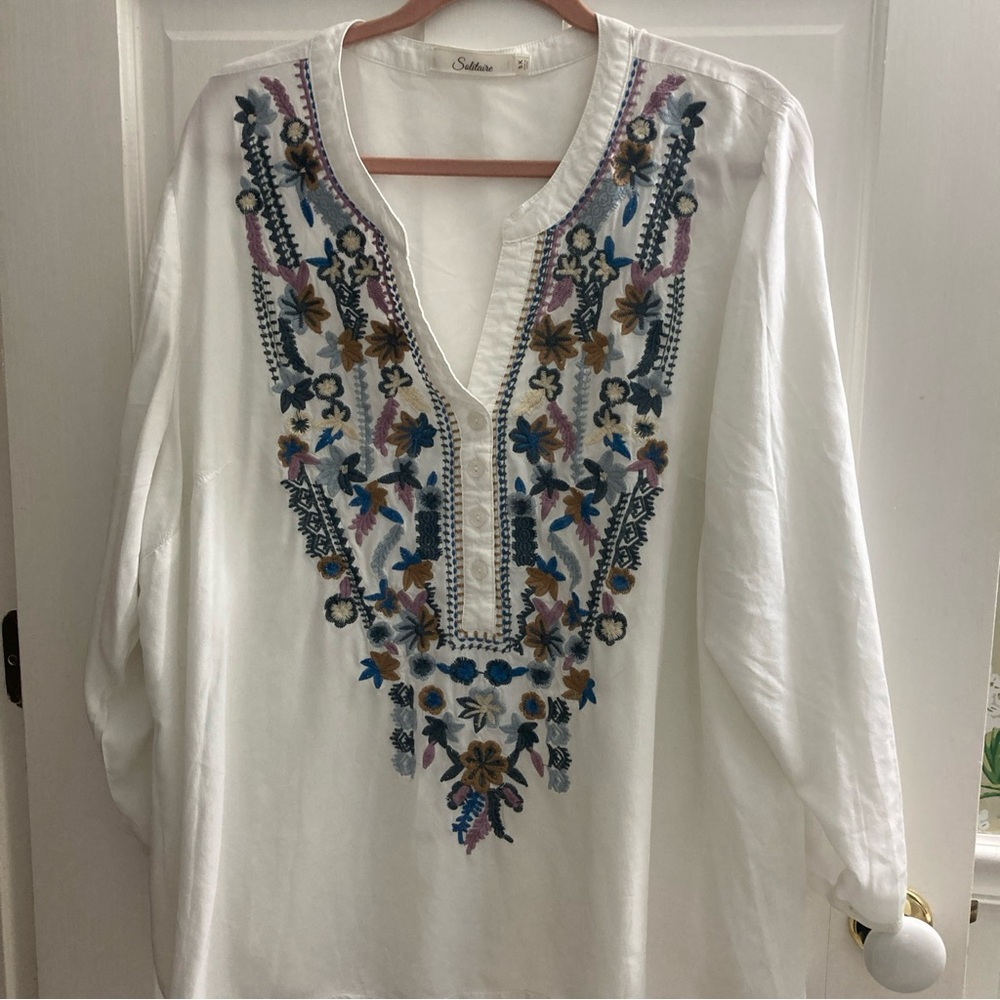Solitaire‎ Boho Tunic Top Blue Gray Lavender Floral Embroidered Trim Size 3XL